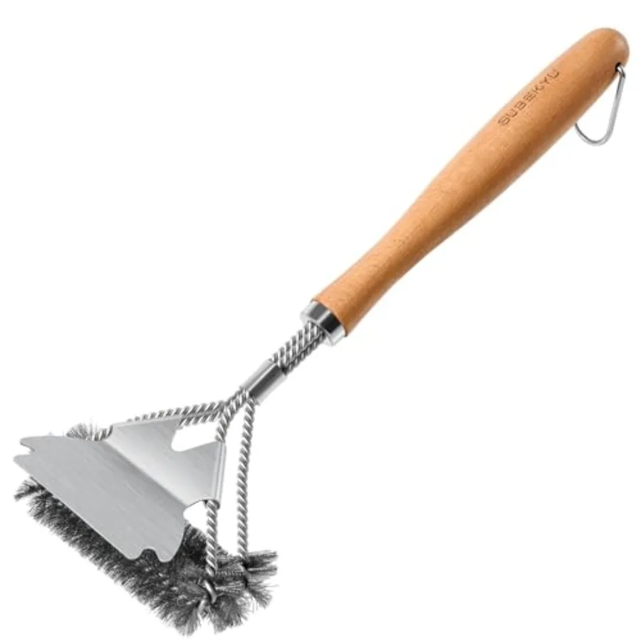 Outdoor BBQ Grill Brush, 15.3'' Scraper Cleaning Brush - Stainless Steel Grill Cleaner with Scraper, Beech Wood Handle, 1Pack