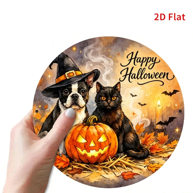 2D Flat - [2Dflat]1pc 20X20Cm Happy Halloween Round Metal Tin Sign, Dog Black Cat Witch Hat Pumpkin Bat Candle Retro Metal Wall