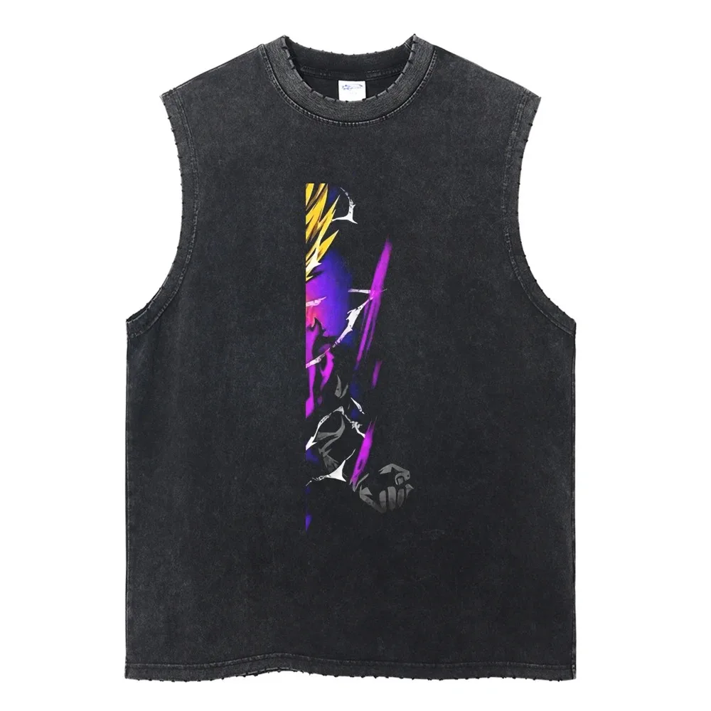 تيشيرتات رجالية قطنية عتيقة بلا أكمام ، توبات غير رسمية أنيمي مغسولة ، موضة hardigha ، توب كبير الحجم ، تيشيرتات ، ملابس شارع