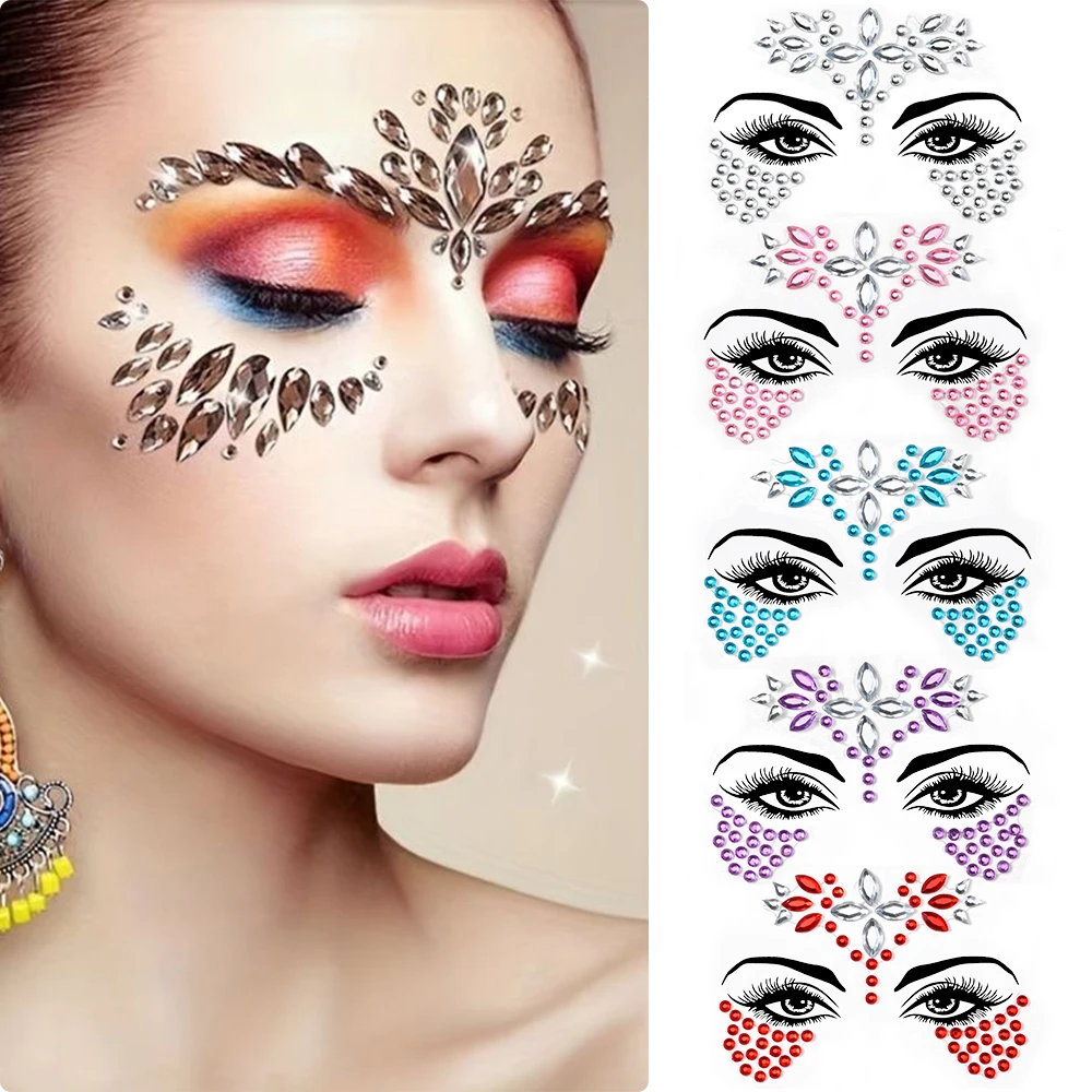 Pegatina de tatuaje temporal Sexy 3D, joyería facial, brillo biselado, diamantes de imitación de cristal, pegatina facial, maquillaje de vacaciones,