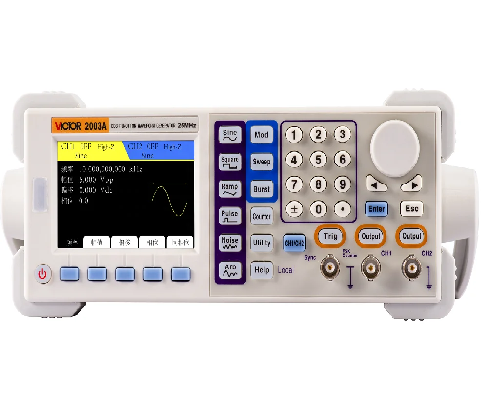 

VICTOR 2003A 25MHz Two Channel DDS 32 Digit Counter 200MSa/S 5 Basic 32 Arbitrary waveform USB RS232 Digital Signal Generator