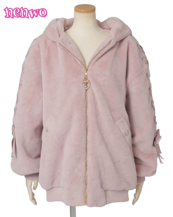 

Japanese Style Plush Jackets Lace-up Bow Long Sleeve Rabbit Ear Hood Zipper Thickened Warm Winter Coats for Women Overcoats