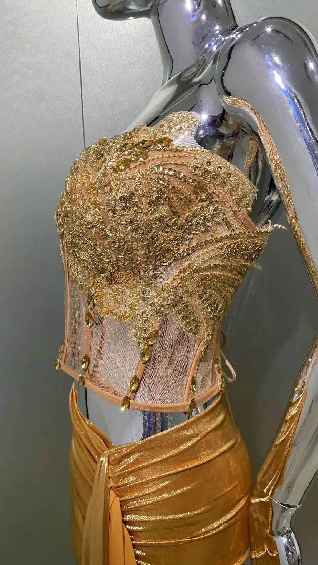 LEOSOXS Golden Shiny Diamond เซ็กซี่ Sheer Hot สไตล์ Gold Sheer Tube Top + แฟชั่น Hot Party Performance Dress กระโปรงสั้น
