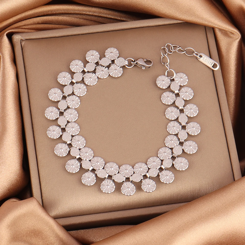 316L  Stainless Steel Flower Chain Bracelet for Women Punk 18K Gold Plated Wide Strap Chain Bracelets Jewelry