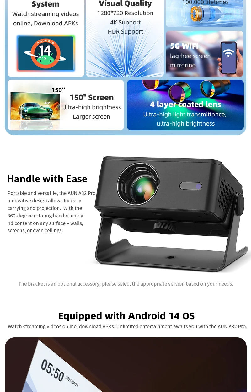 AUN A32 Pro Android 14 Projektor Tragbares Heimkino MINI LED-Projektor 3D WIFI für Telefon Computer 4K Video 1080P Film – Detail 3