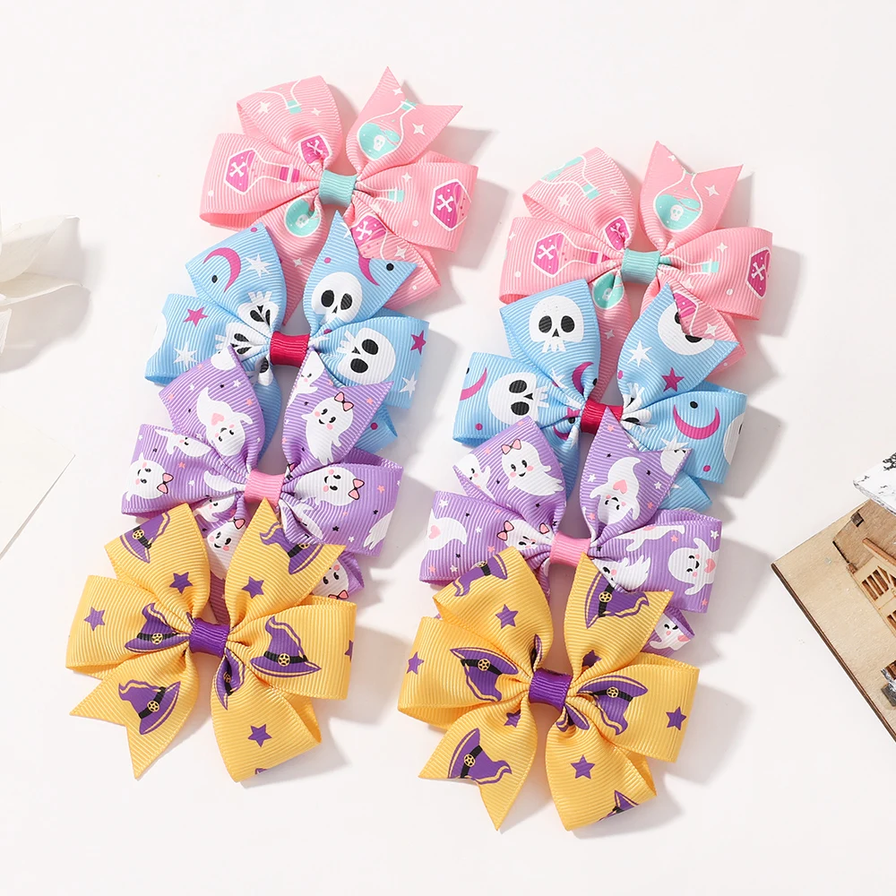 2Pcs Candy Farbe Halloween kinder Bogen Haar Clips für Festival Party Mädchen Seite Clips Kürbis Skelett Druck Haar Zubehör