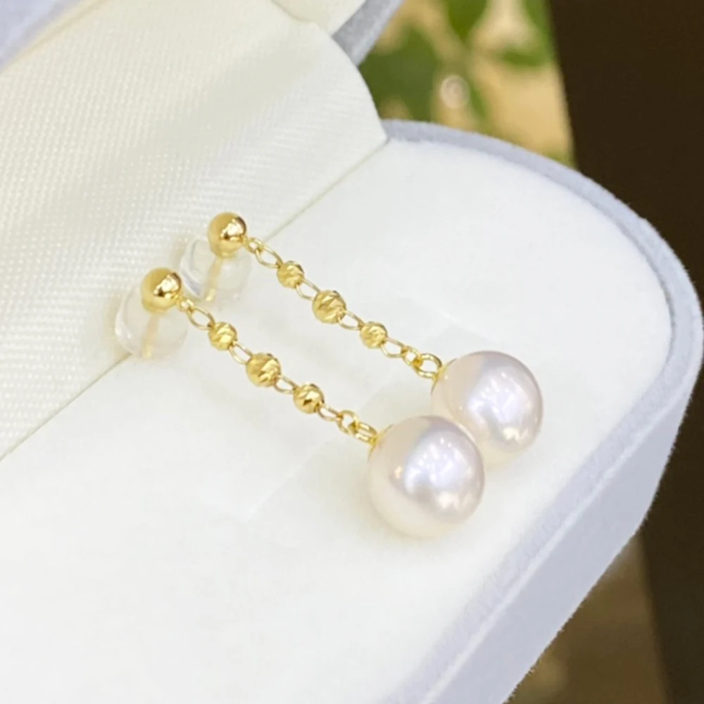 Fine Jewelry Real 18K Gold Earwires Round White Pearl Ear Lines with 7.5-8mm High Quality Nearly Flawless Seawater Akoya Pearls