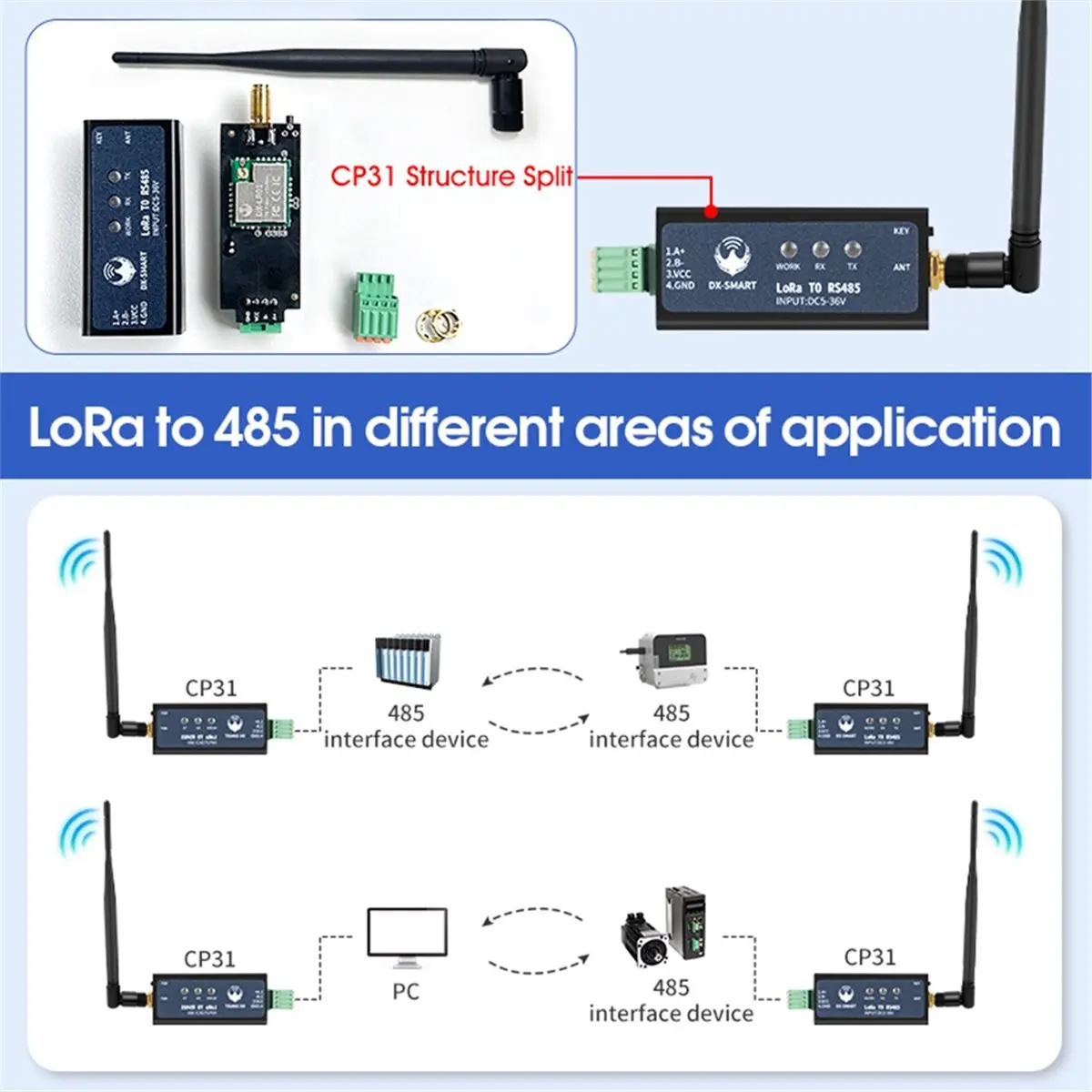 ABAN 2PCS DX-CP31 433MHz LORA Serial Adapter RS485 to Wireless Module Converter Convert Wired Devices to Wireless for Lorawan