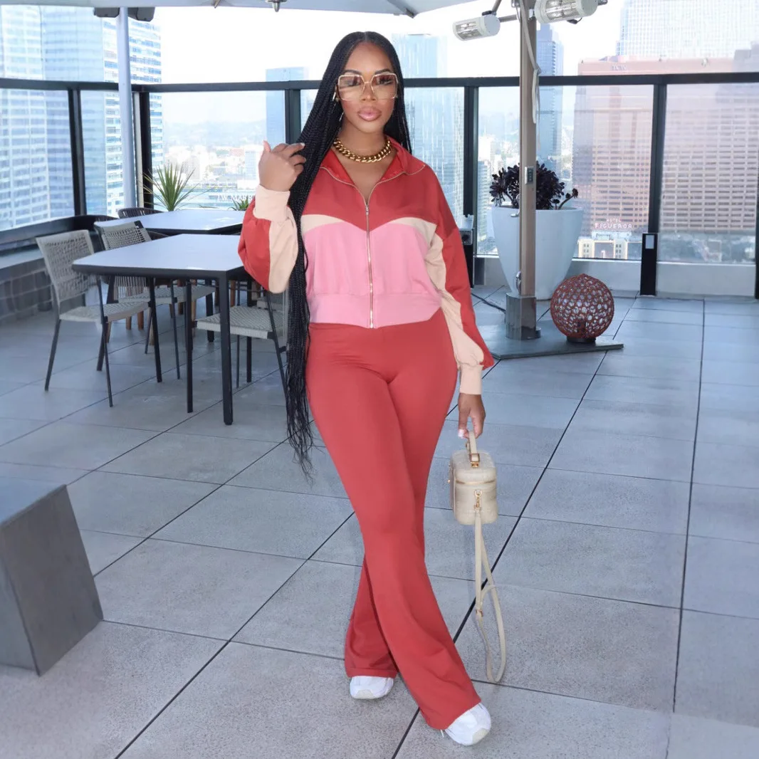 Conjunto de 2 peças para mujer lapela fino ajuste sexy cor bloco zip jaqueta calças flare terno de duas peças 2 peças conjuntos de roupa feminina