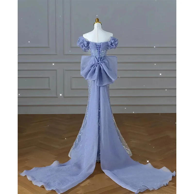 Vestido Formal de fiesta con lentejuelas para mujer, traje de sirena con hombros descubiertos, cuentas y lazo en la espalda, color azul cielo, 2024