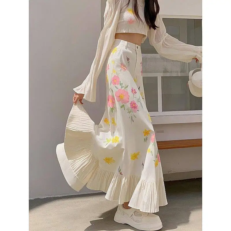 Nova Saia Maxi Feminina Estampada Floral Evasê com Grande Balanço, Saia Longa de Verão com Estampa Floral, Elegante e Plissada