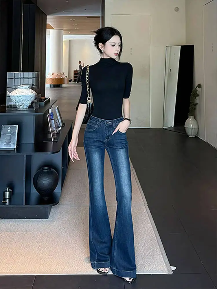 

High Waist Bell Bottom Jeans Women's Spring Autumn Elastic Slimming Ankle Length Denim Jeans Washed Blue Sexy Tight Fit Jeans