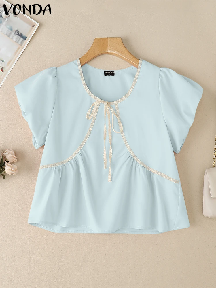 VONDA Fashion Lace Blouse 2025 Summer Women Tops Casual Short Puff Sleeve Bow Shirts Loose Elegant O-Neck Korean Blusas Tops