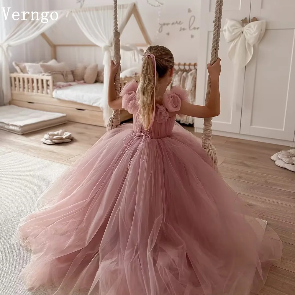 Verngo Pink Tulle Kid Birthday Party Dress Off The Shoulder A Line Girl Flowers Dresses Ball Gown Tutu Dresses Customized