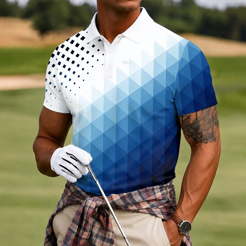 Men's Black White Gradient Geometric Print Polo Shirt, Casual Tops For Spring Summer Golf & Daily Wear Occasions
