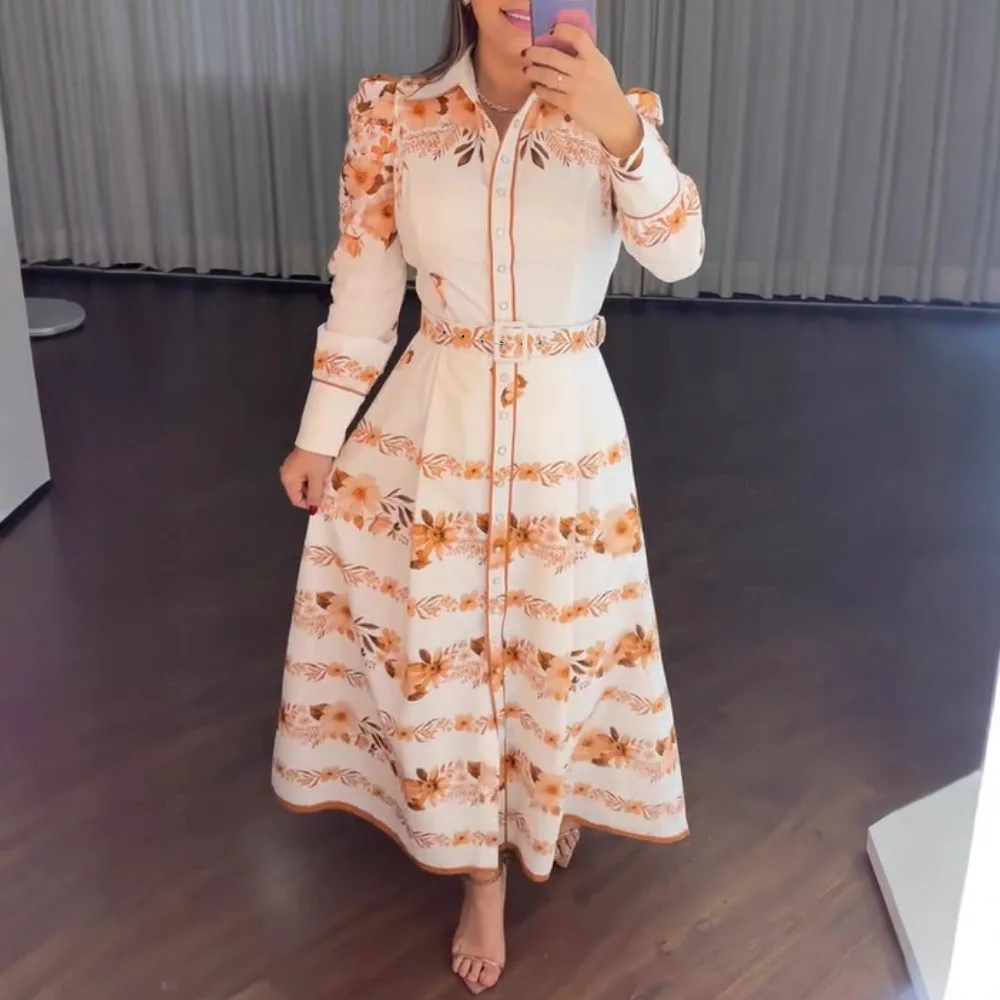 Women Floral Placement Print Turn-down Collar Puff Sleeve Vacation Dress Casual Button Down Shirt Dress With Belt and Lining