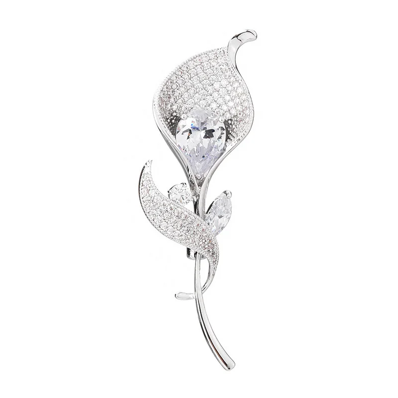 Crystal Flower Brooches for Woman Trendy Silver Plated Tulip Brooch Lapel Pins Elegant Corsage Dress Luxury Zircon Jewelry Gift