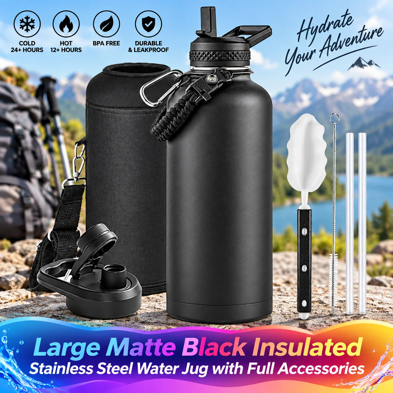 87oz Triple Wall Vacuum Insulated Stainless Steel Water Bottle, Keeps Cold 48H & Hot 24H, Dual Leakproof Spout & Straw Lids, Paracord Handle with Compass & Carabiner, Sweat Resistant, Magic Black