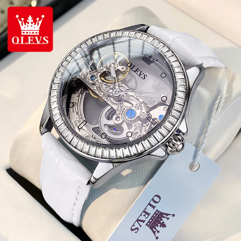 OLEVS 6699 Women's Watches Fully Transparent Hollowed Luxury Diamond Bezel Automatic Mechanical Wristwatch Luxury Ladies Watches