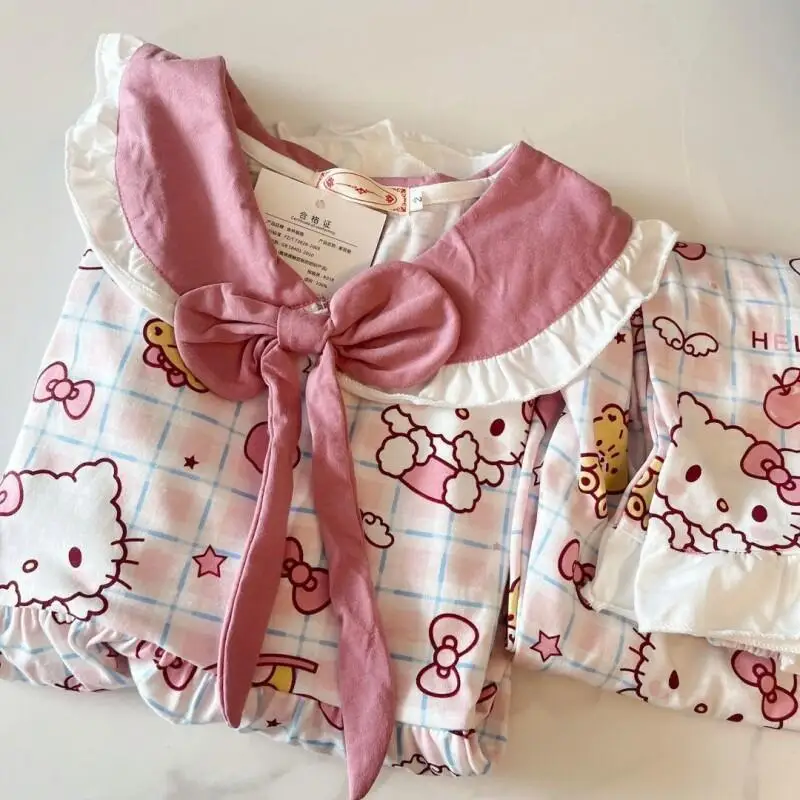 

Женский пижамный комплект Sanrio Hello Kitty, хлопковая одежда для сна, домашняя одежда для студентов, с бантом, в клетку, с мультяшным рисунком, весна-осень, новинка, с длинными рукавами