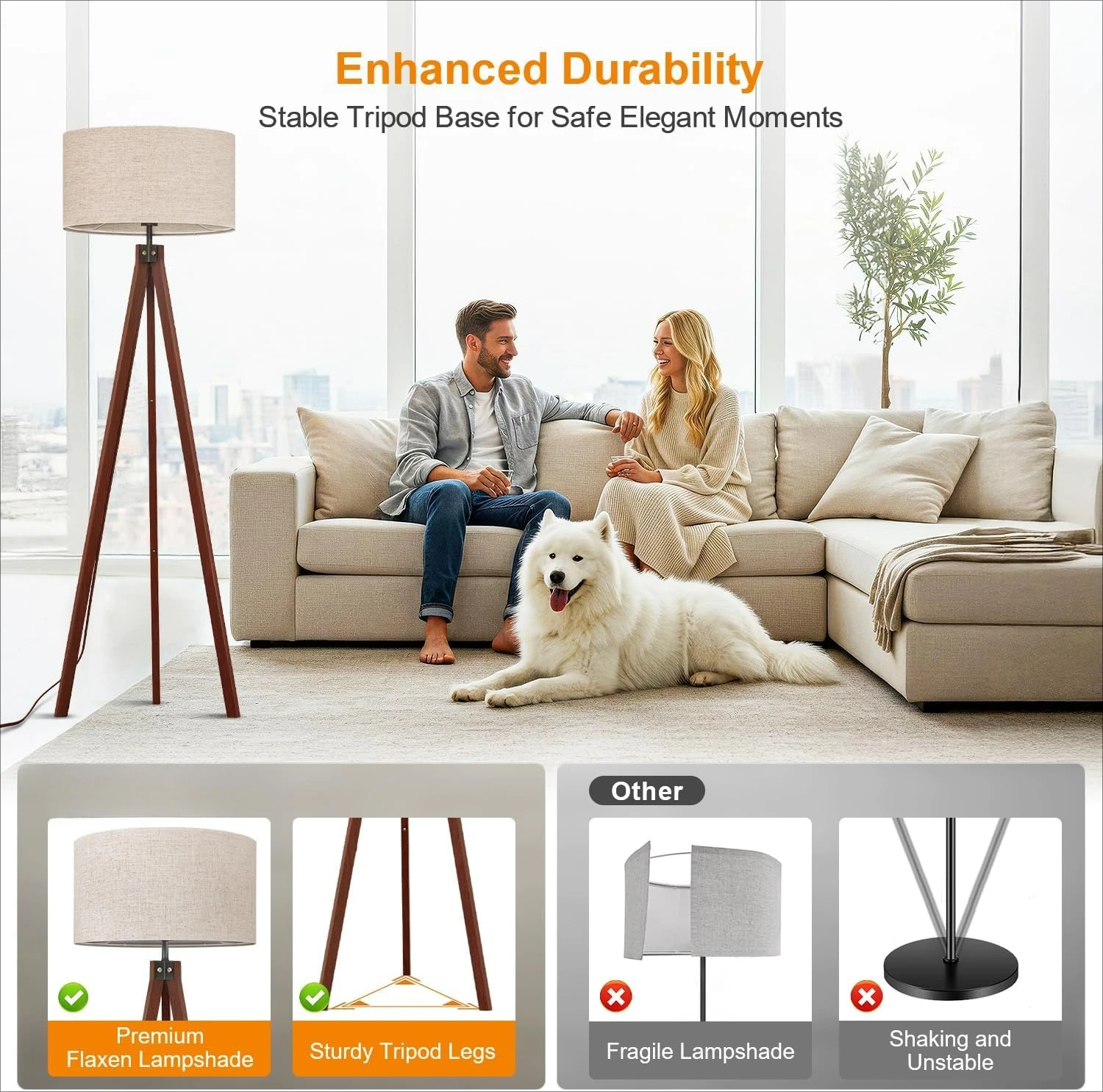 

Wood Tripod Floor Lamp, Mid Century Standing Lamp,Modern Design Studying Light for Living,Flaxen Linen Shade with E26 Base Brown