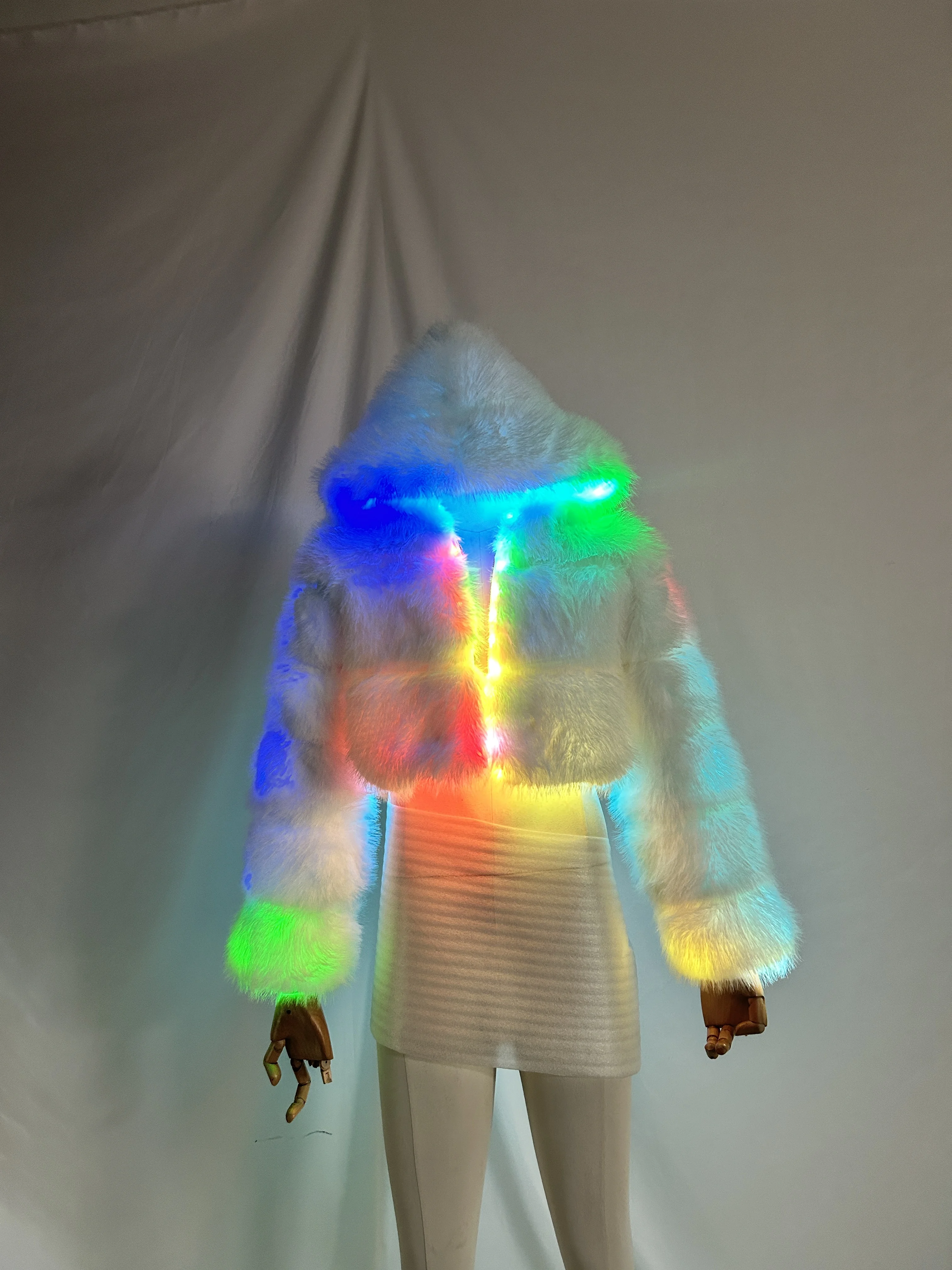 LED Light Up White Faux Fur Cropped Hoodie Jacket for Women, Fluffy Glowing Short Furry Coat, Light Up Costume for Rave, Music F