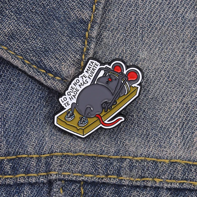 Lapel Pins Fun Fitness Black Mouse Badge Spanish Inspirational Slogan Brooch Cartoon Personalized Bag Clothing Decoration Pin