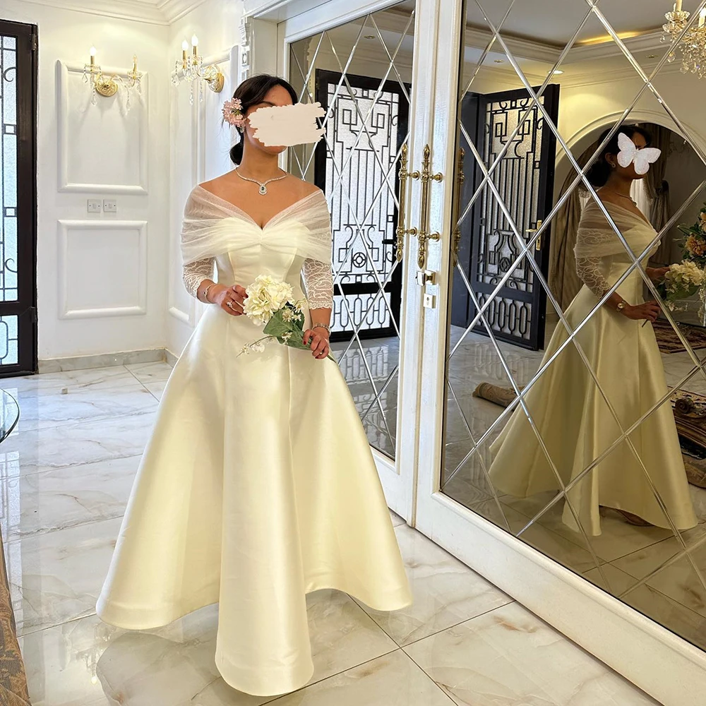 

Customized Off Shoulder Beige A-line Satin Evening Dress Half Lace Sleeves Draped Party Dress Backless Ankle Length Prom Gown