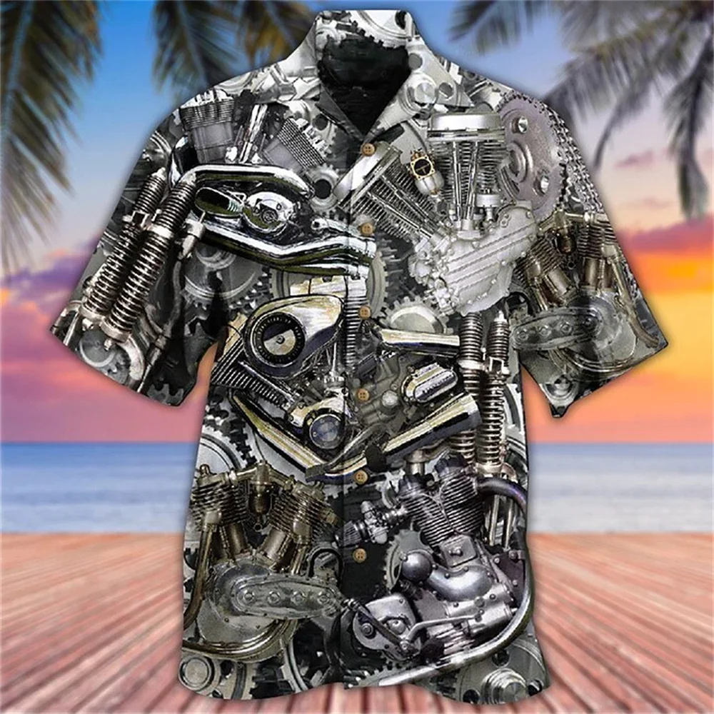 Hawaiian Men\'s Shirt 3d Motorcycle Print High-Quality Men\'s Clothing Summer Casual Short Sleeved Loose Oversized Cuban Neck Tops