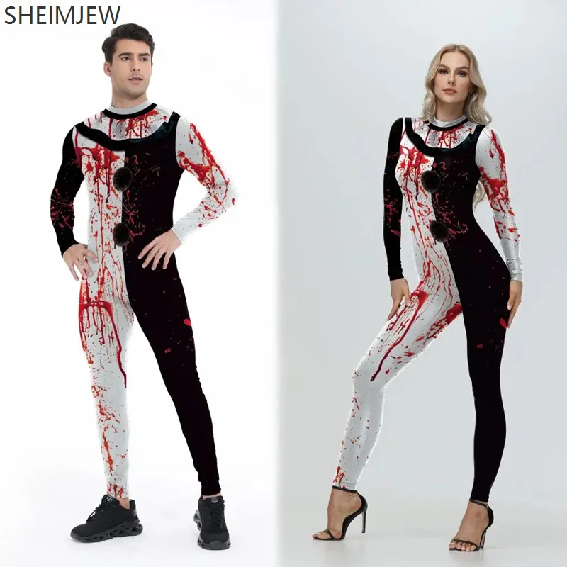 Halloween Unisex Horror Clown Cosplay Jumpsuit Adult Bloody Clown Bodysuit Catsuit Holiday Party Zentai Suit Rave Outfit New