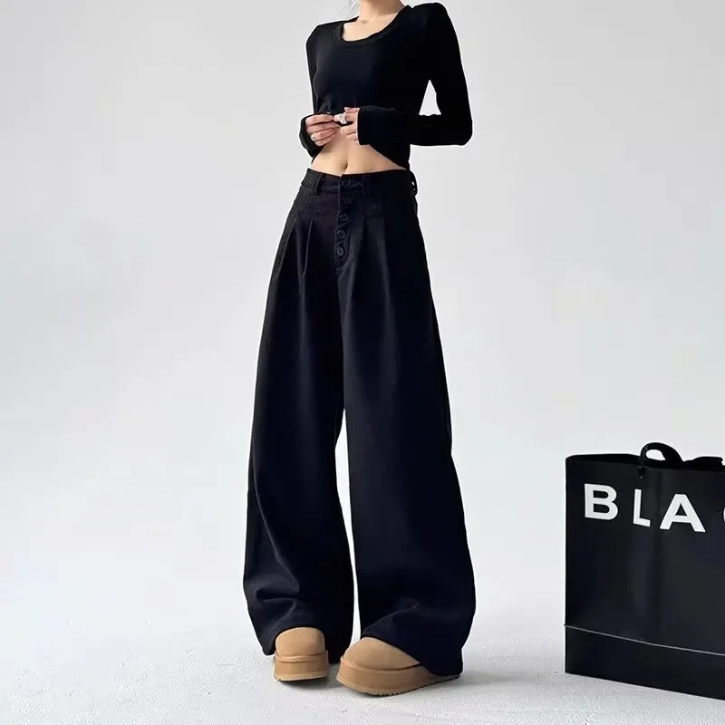 American Retro High Waist Single Button Trousers Women's Clothing Wide Leg Fashionable Pleated Loose Basic Straight Casual Pants