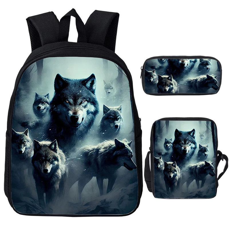 Galaxy Wolf Backpack Shoulder Bag Pencil Case Animals Tiger Lion Schoolbag Student Canvas Bag Girls Boys Bookbag Travel Daypack