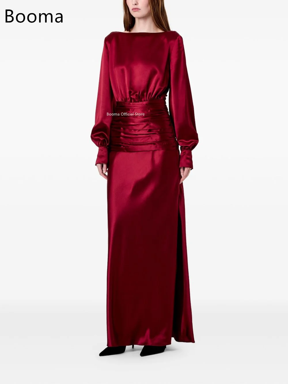 Booma linha a sem costas cetim simples vestidos de noite vestidos formais para mulheres manga cheia elegante vestidos de baile feitos sob encomenda 2025