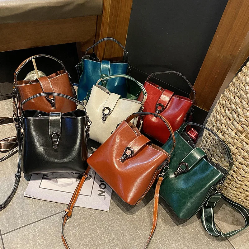 Echte Koeienhuid Lederen Vrouwen Nieuwe Emmer Zak Dame Mode Enkele Schouder Messenger Bag Veelzijdige Handtas Casual Crossbody Tassen