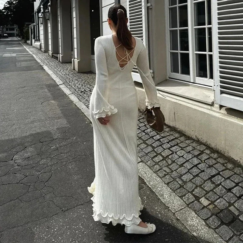 BWQ Flare Sleeve Round Neck White Maxi Dress Women Autumn Fashion Lace Up Elegant Long Dresses Female High Street Beach Robes