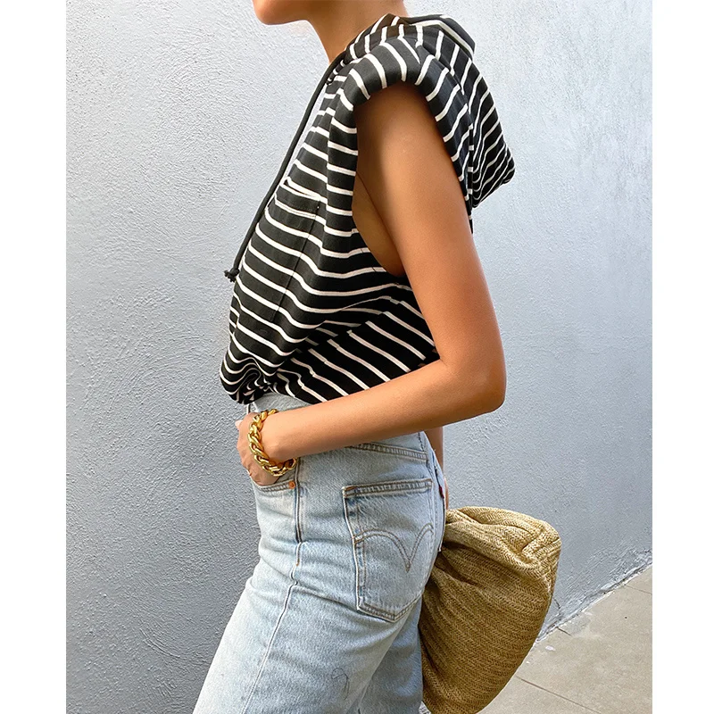 SheonDHF ins blogger's black and white stripe hooded short sleeve T-shirt women's Camisole sleeveless vest summer 2022