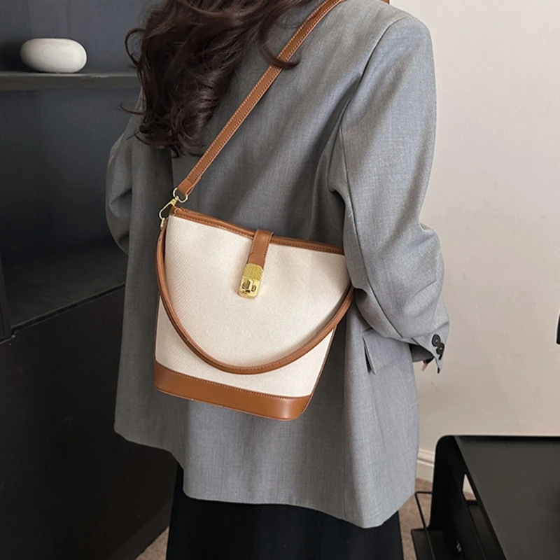 E74B Casual Luxurious Womens Fabric Small Bucket Bag Vintage PU Leather Splicing Spacious Crossbody Shoulder Handbag Purse