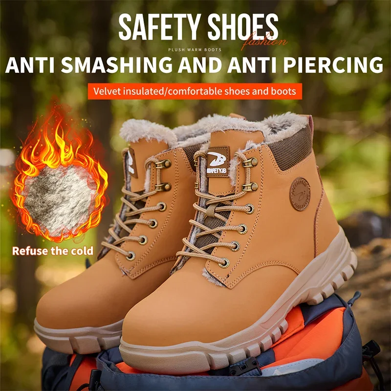 New 2024 Fashion Winter Velvet Work Safety Boots For Men Nail Proof Indestructible Waterproof Steel Toe Cap Male Sneakers