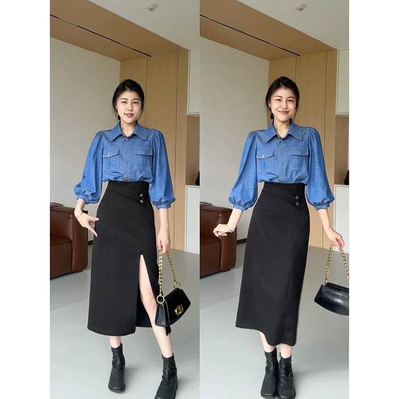 

Регулируемый комплект с юбкой-фонариком и воротником-стойкой, универсальный комплект с драпированной юбкой с высокой талией, женский модный осенний ансамбль