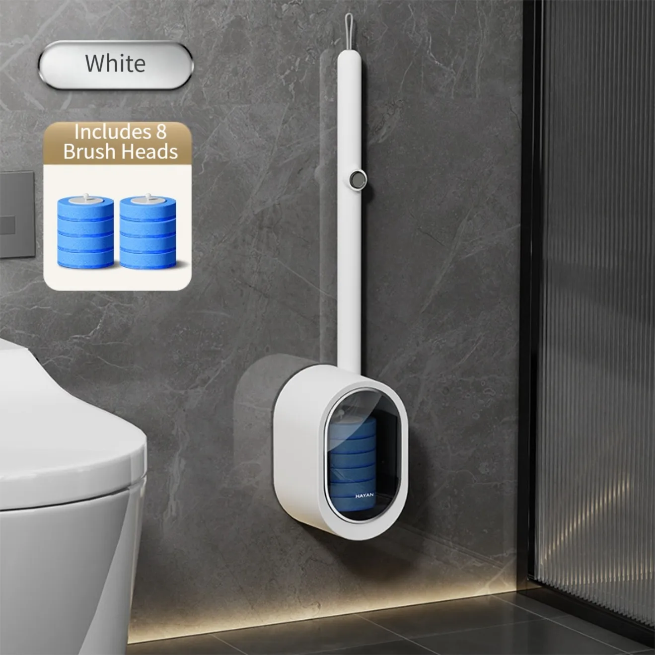 

Wall Mounted Disposable Toilet Brush with No Drill Installation and Built in Cleaning Solution for Effective Bathroom Cleaning