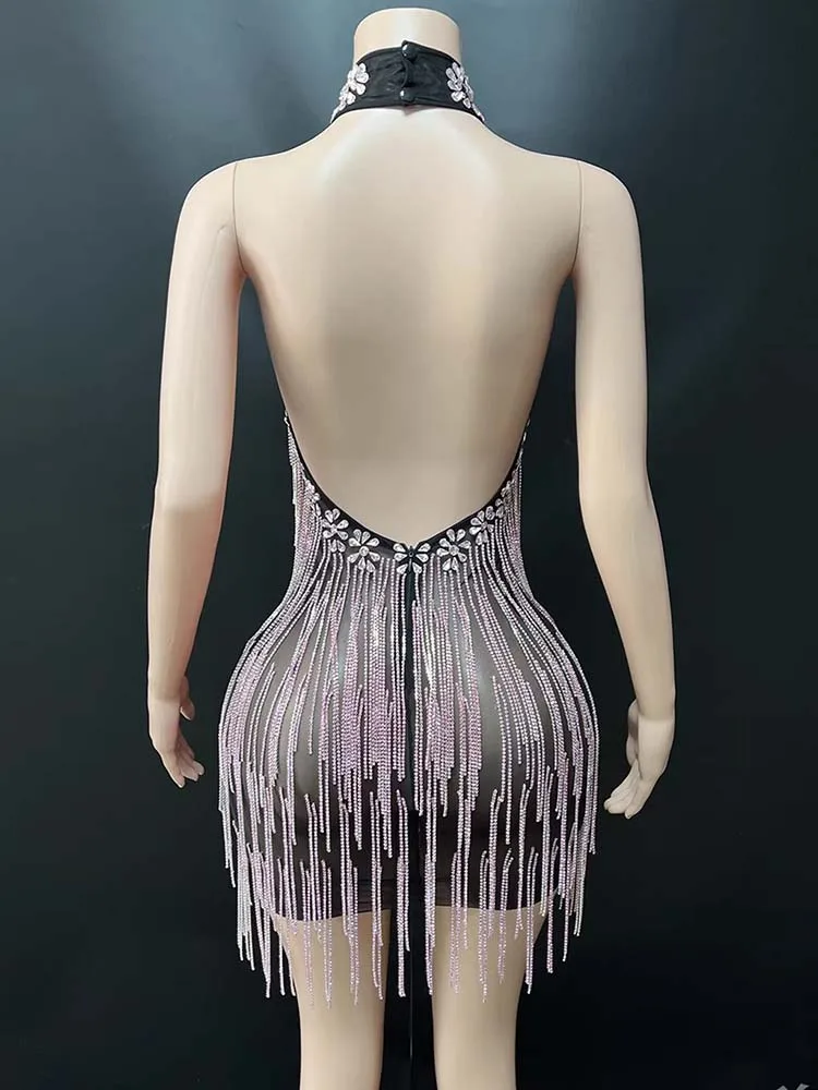 ชุดเดรสตาข่ายเซ็กซี่ประดับพู่ห้อยคอ ปั๊มร้อนคุณภาพสูง แฟชั่นใหม่ปี 2025 เสื้อผ้าผู้หญิงสั่งทำพิเศษ