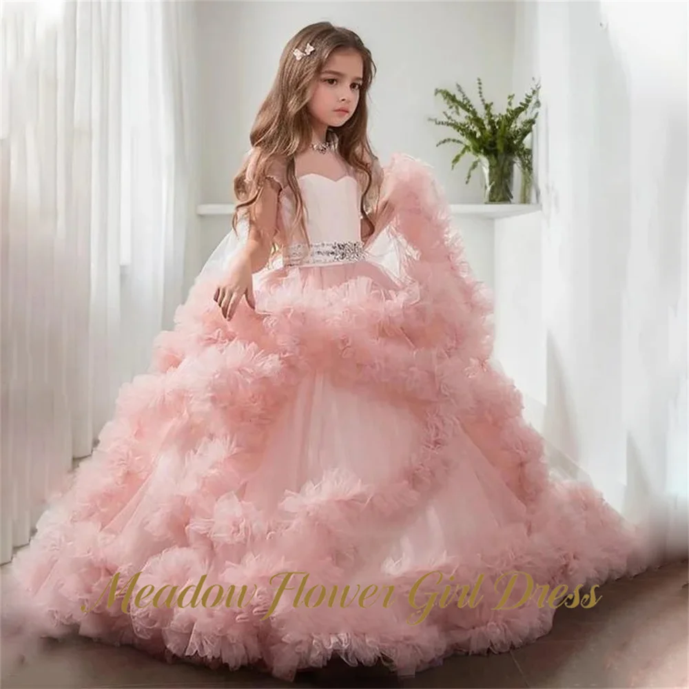 Meadow Rhinestone Waist Belt Flower Girl Dress Long Flowing Train First Communion Gown A Line Girls Princess Dress Customized