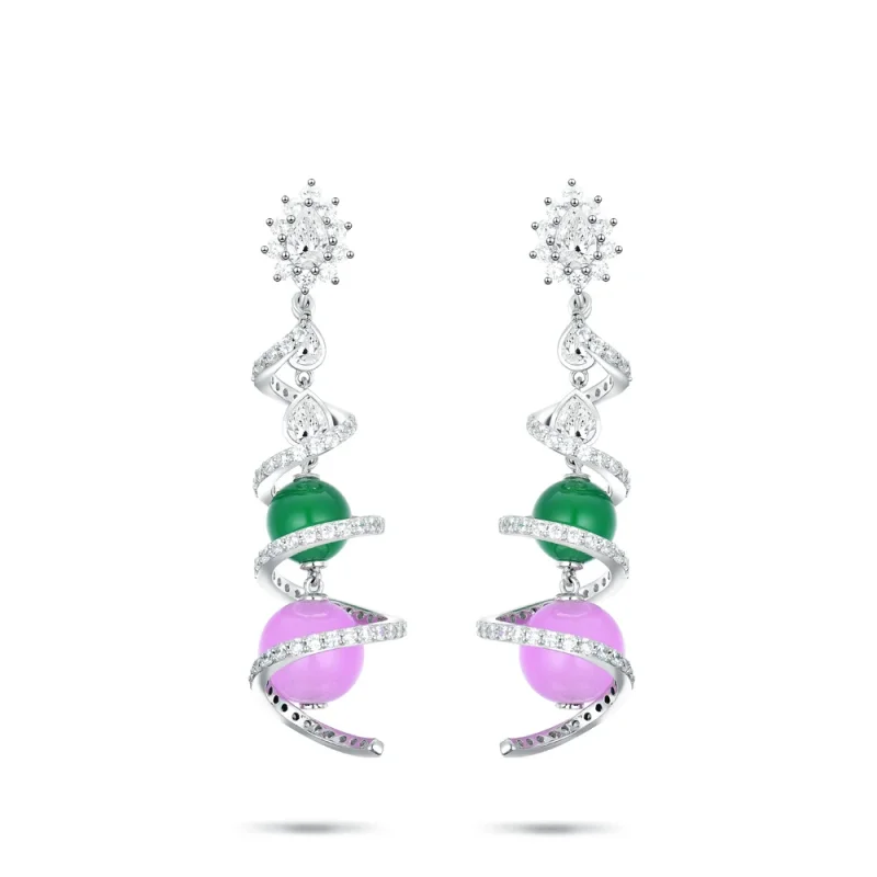 BELLUX 925 argent synthétique Zircon boucles d'oreilles classique spirale détachable deux perles rondes violet vert calcédoine longues boucles d'oreilles