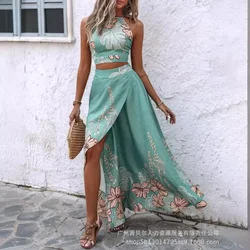 Skirt Set Women Two Piece Sets Print Floral Elegant Splice Casual Backless Sleeveless Halter Sling Tops A Line Long Skirts