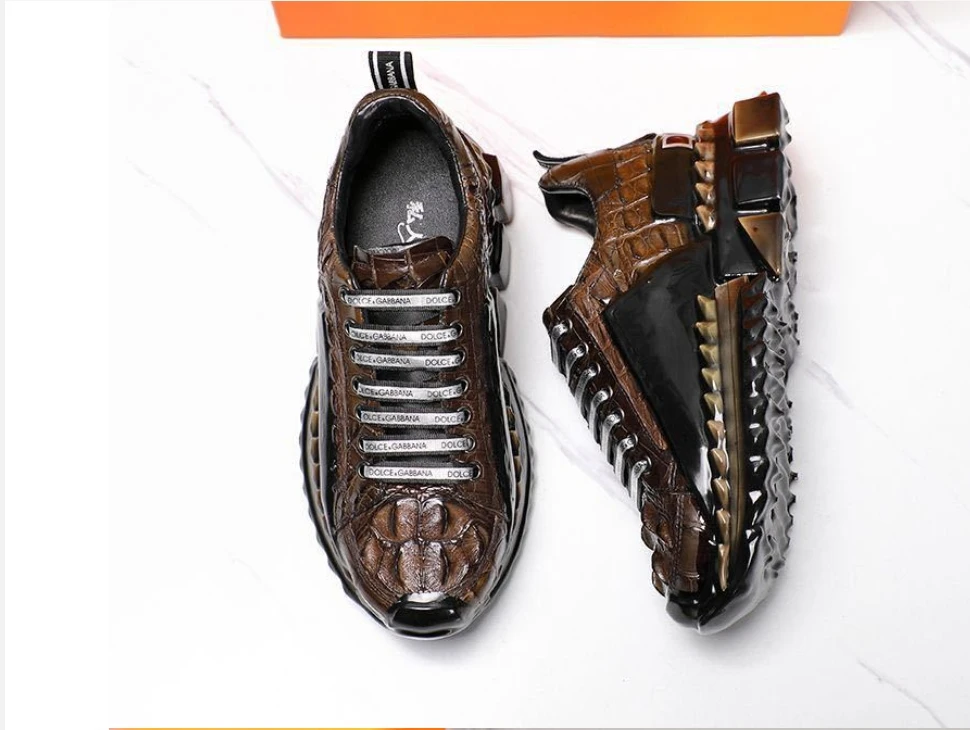 Crocodile Pattern Light Luxury Fashionable Men's Low Top Trendy Shoes, Height Increasing Thick Sole Rebound Casual Sports Shoes