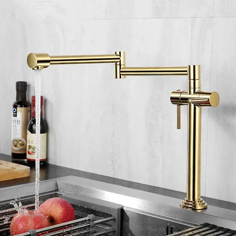 

Gold Kitchen Faucet Solid Brass Rotating Crane For Deck Mounted Sink Mixer Foldable Nickel Brushed/Gold/Chrome/ORB/Black