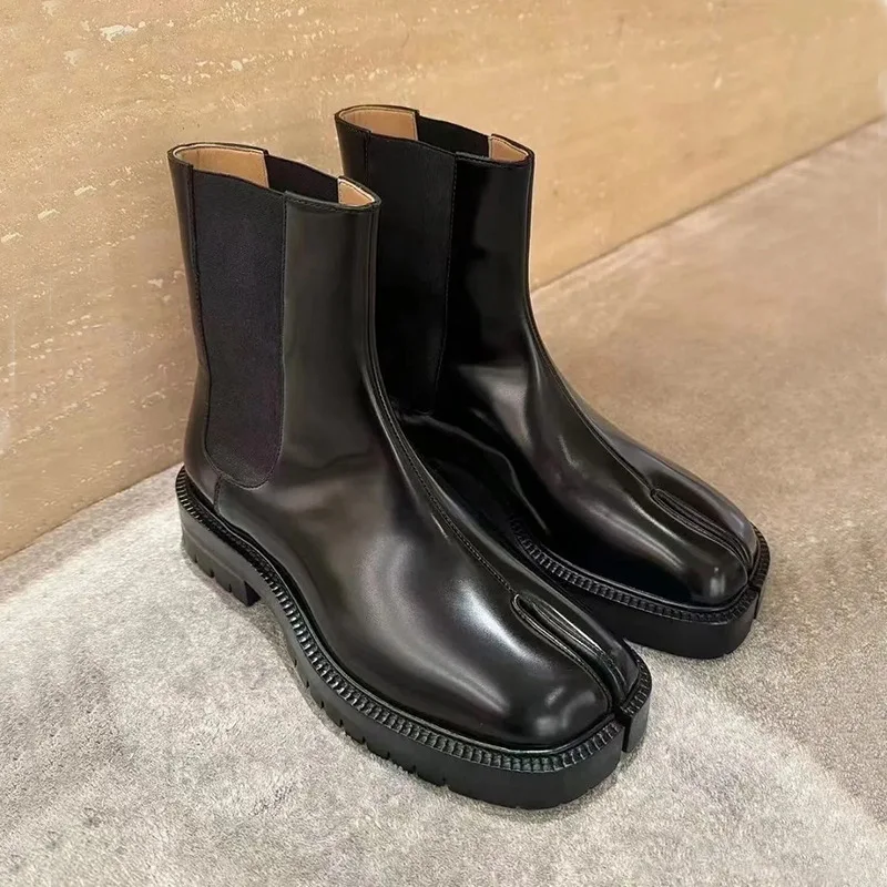 

2026 New Black Split Toe Chelsea Boots Patent Leather Chunky Sole Slip-On Tabi Style Ankle Boots Plus Size for Women & Men