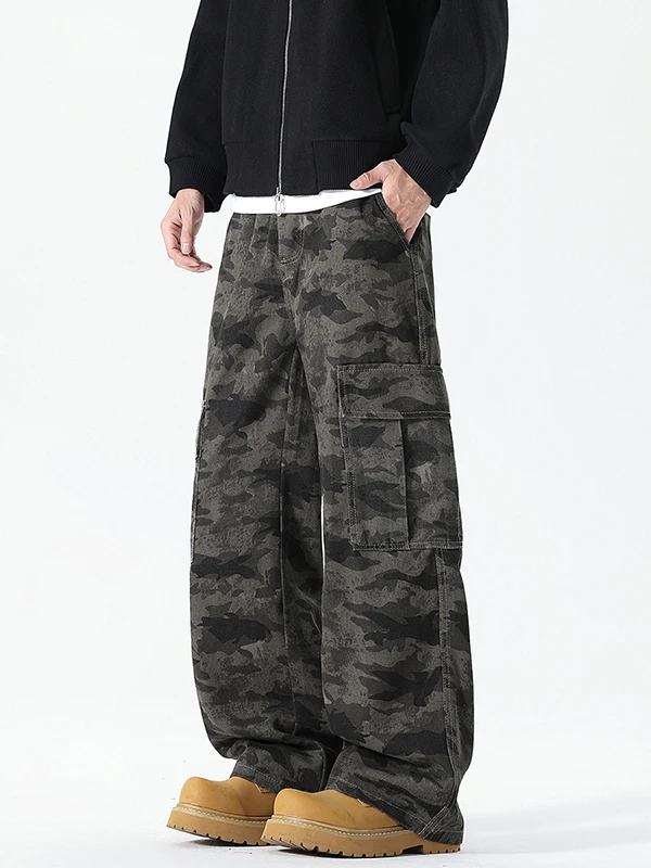 

Ретро повседневные камуфляжные рабочие брюки с широкими штанинами, новинка осени 2025, свободные прямые мужские джинсы из смесового хлопка и полиэстера