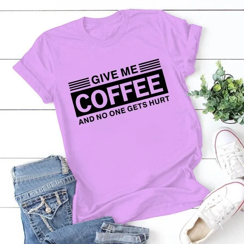 Women Fashion Short Sleeve Tee Shirt Lady Casual Loose New Round Neck T-shirt Top Plus Size Funny \'Give Me Coffee Print T Shirt