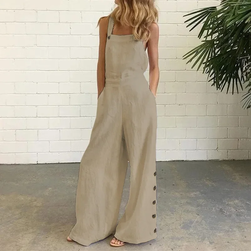 Women's Summer Linen Blend Wide Leg Sleeveless Jumpsuits High Waisted Loose Fit Buttoned Pockets Solid Color Romper